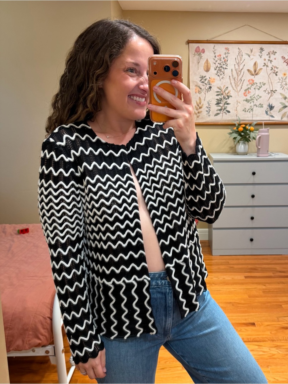 Ming Wang Black and White Wave-Trim Knit Cardigan Small